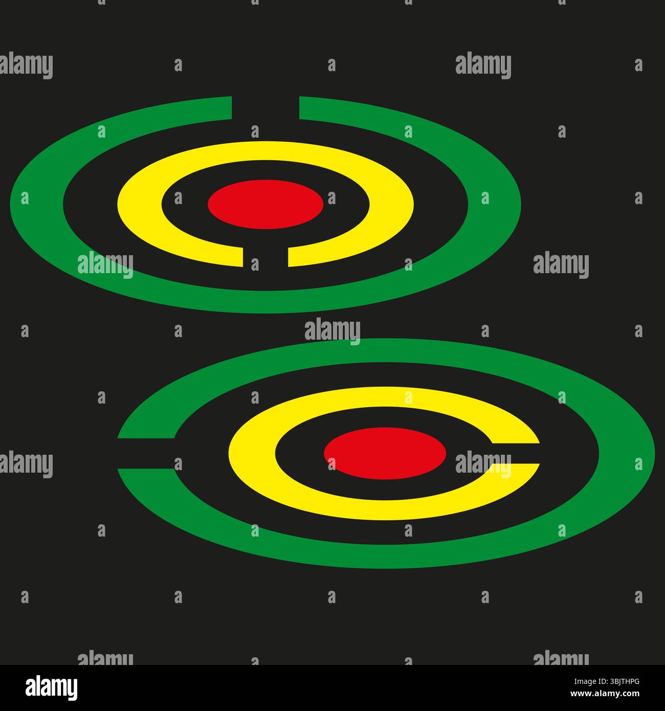 Vettore del simbolo di destinazione. Icona concentrica verde. Cerchio giallo-rosso. Forma di sfondo nero. Illustrazione Vettoriale