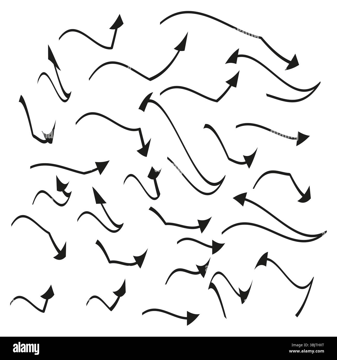 Frecce sparse casuali. Puntatore direzionale impostato. Elementi caotici astratti. Progettazione grafica vettoriale. Illustrazione Vettoriale
