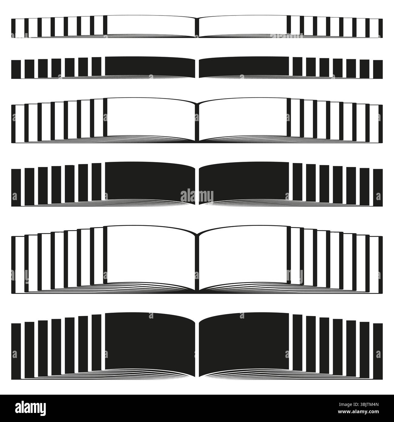 Riga delle icone del libro. Aprire il layout della pubblicazione. Rilegatura a strisce nere. Lettura grafica vettoriale Illustrazione Vettoriale