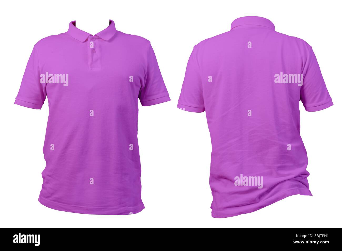 Classica polo viola mostrata dalla vista anteriore e posteriore, isolata su sfondo trasparente per il mockup alla moda, la presentazione dell'abbigliamento e il catalogo dei prodotti Foto Stock