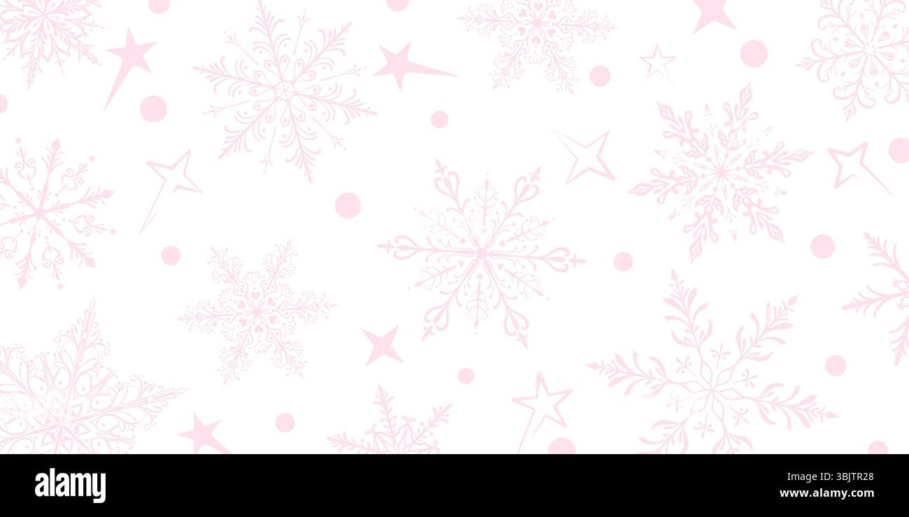 Una vivace illustrazione natalizia con grandi e intricati fiocchi di neve in vari disegni, intervallati da stelle e piccoli cerchi, rosa su bianco bac Illustrazione Vettoriale
