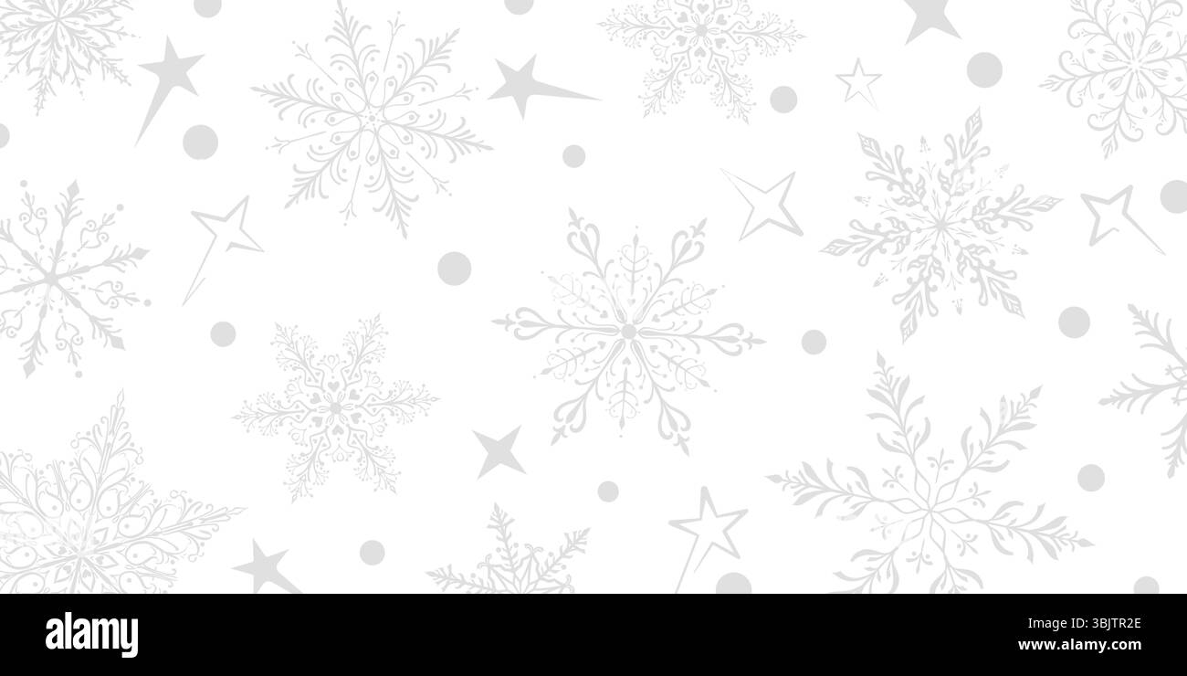 Una vivace illustrazione natalizia con grandi e intricati fiocchi di neve in vari disegni, intervallati da stelle e piccoli cerchi, bac grigio su bianco Illustrazione Vettoriale