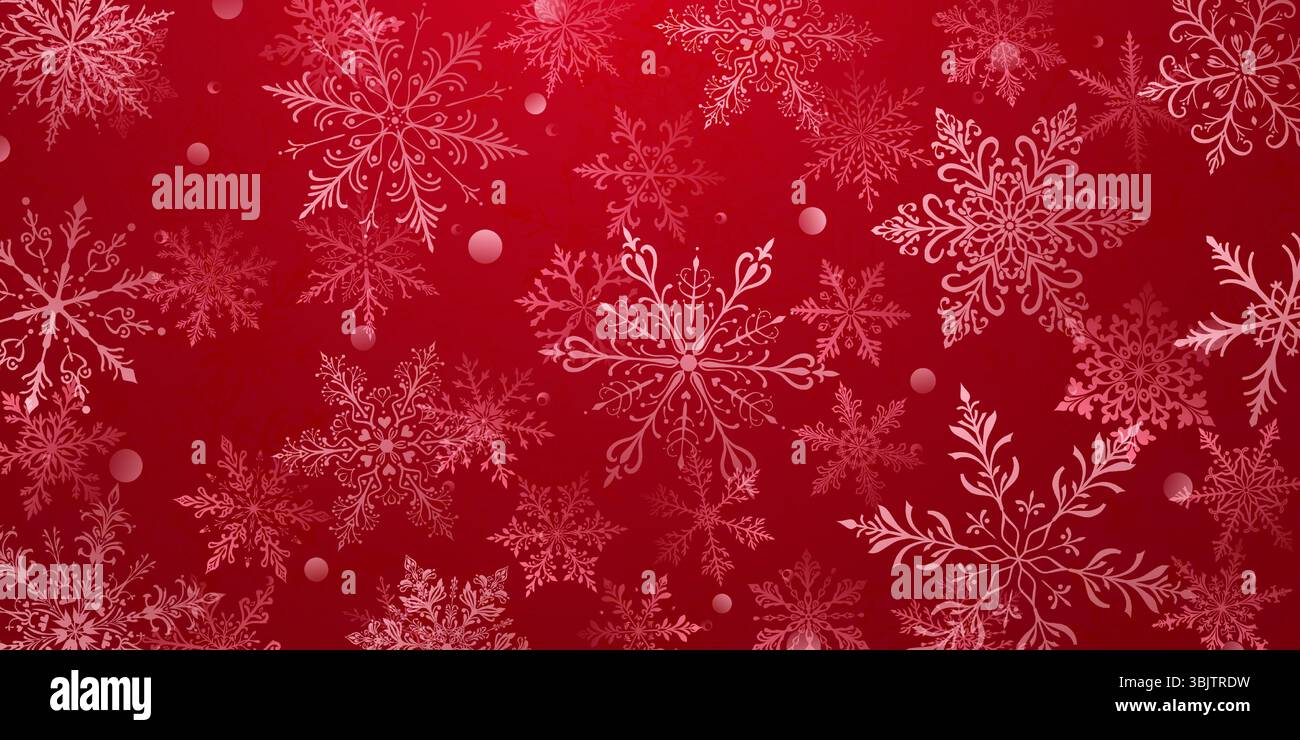 Una vivace illustrazione natalizia con grandi e intricati fiocchi di neve in vari design, stratificati con profondità, intervallati da piccoli cerchi, bianchi o Illustrazione Vettoriale