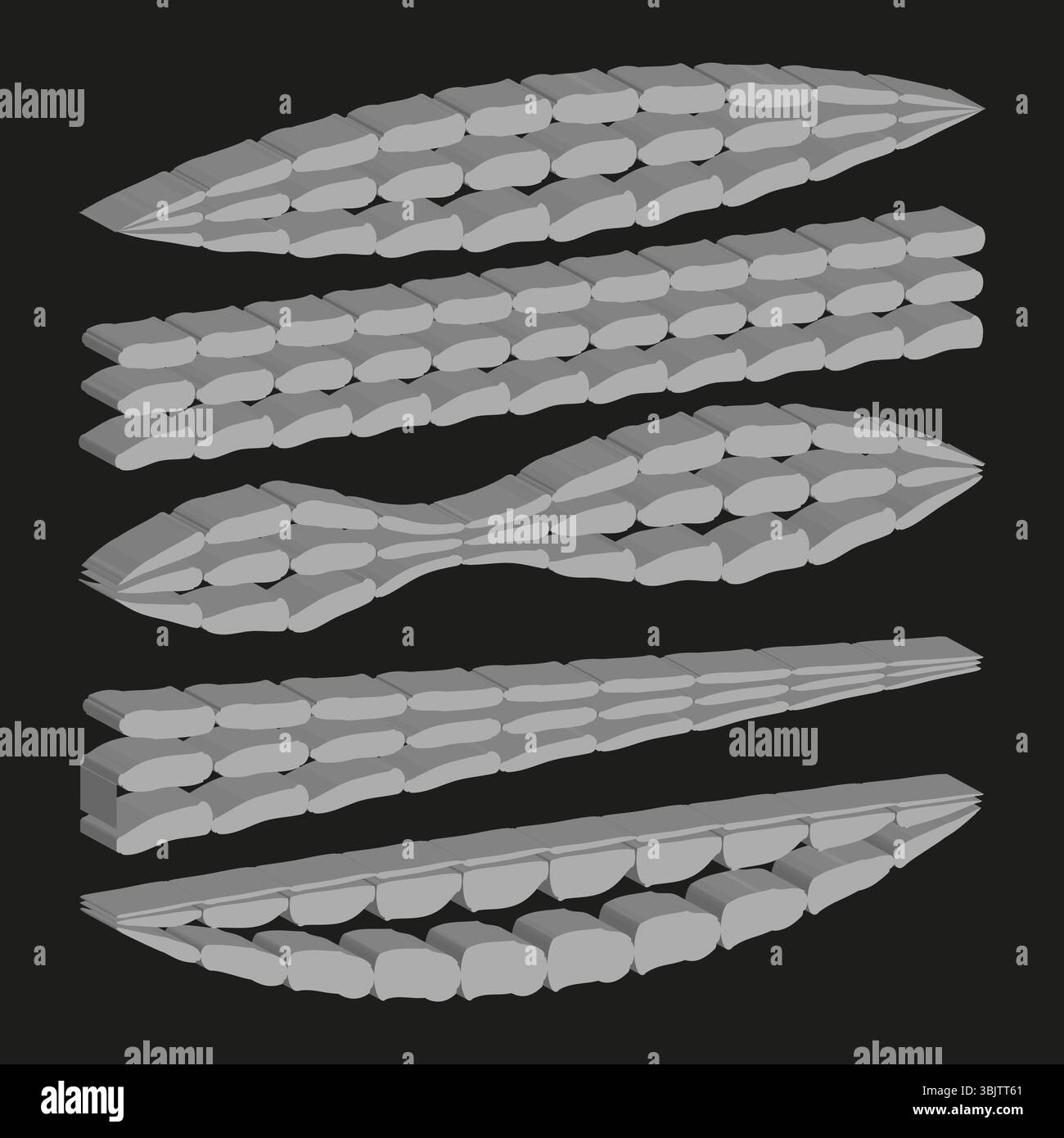 Forma della capsula attorcigliata. Forma di rotazione 3D. Cifra volumetrica astratta. Oggetto curvo vettoriale. Illustrazione Vettoriale