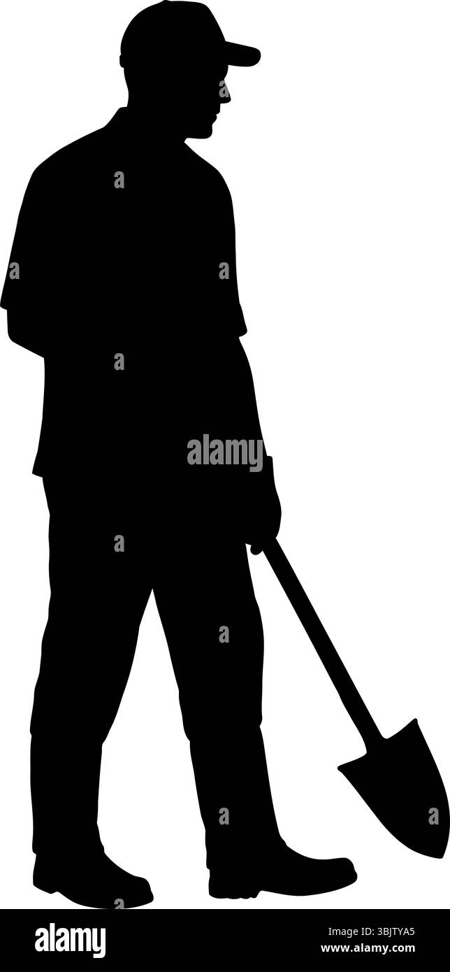 La silhouette del giardiniere regge l'attrezzo per pala su sfondo bianco Illustrazione Vettoriale