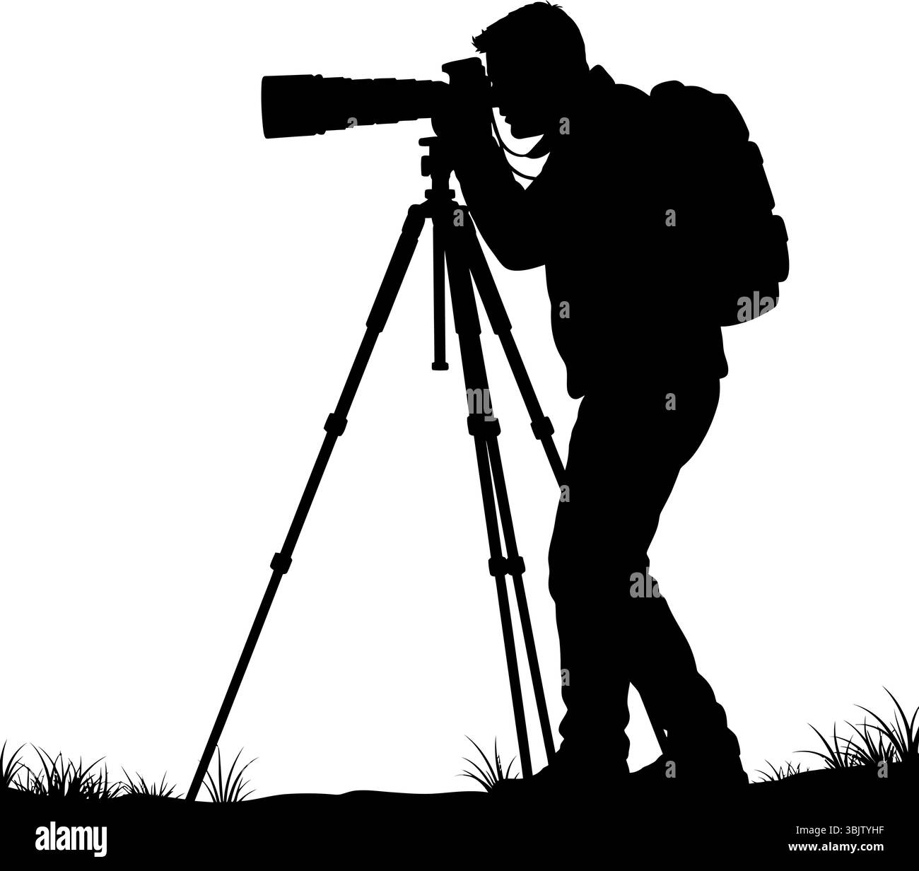La silhouette del fotografo punta alla fotocamera utilizzando il treppiede all'aperto Backpacker presenta la fotografia naturalistica lo stile di vita avventuroso Illustrazione Vettoriale