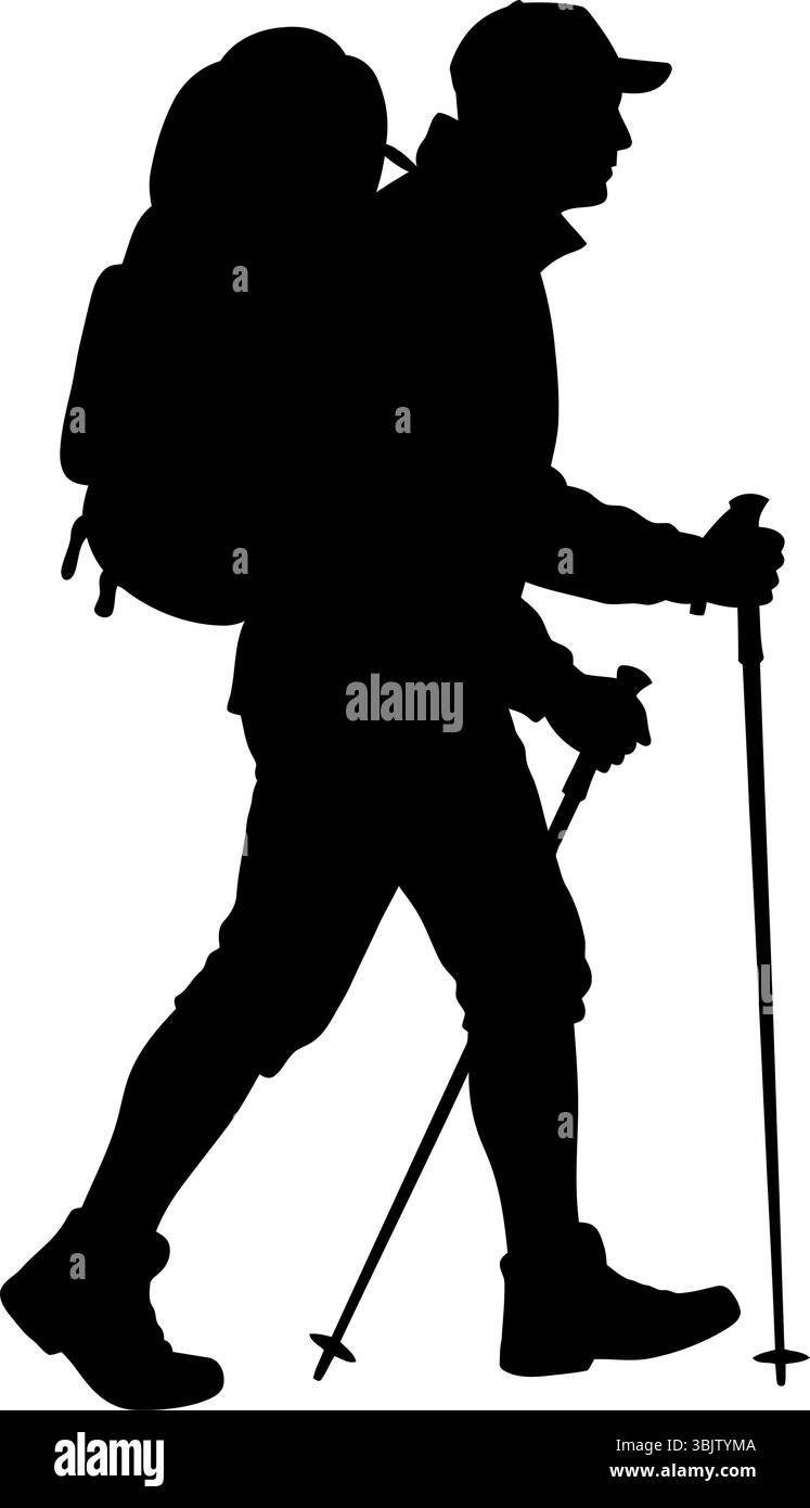 Trekking con silhouette da escursionista con pali e zaino all'aperto, esplorando percorsi naturalistici in bianco e nero Illustrazione Vettoriale