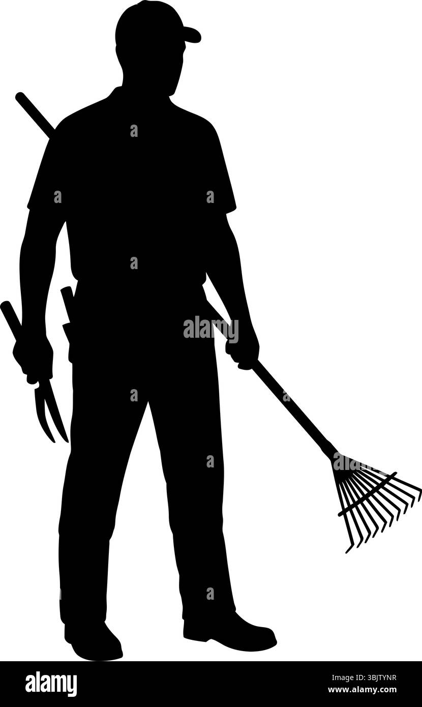 Silhouette da giardino con rastrello e cesoie pronte per le attività di giardinaggio all'aperto Illustrazione Vettoriale