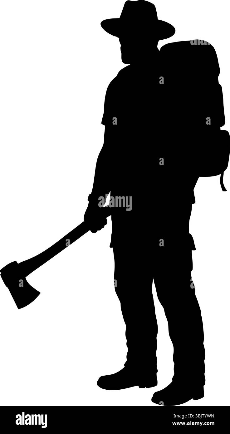 La silhouette per escursionisti porta ascia e zaino in un'avventura all'aperto pronta per il campeggio o l'esplorazione Illustrazione Vettoriale
