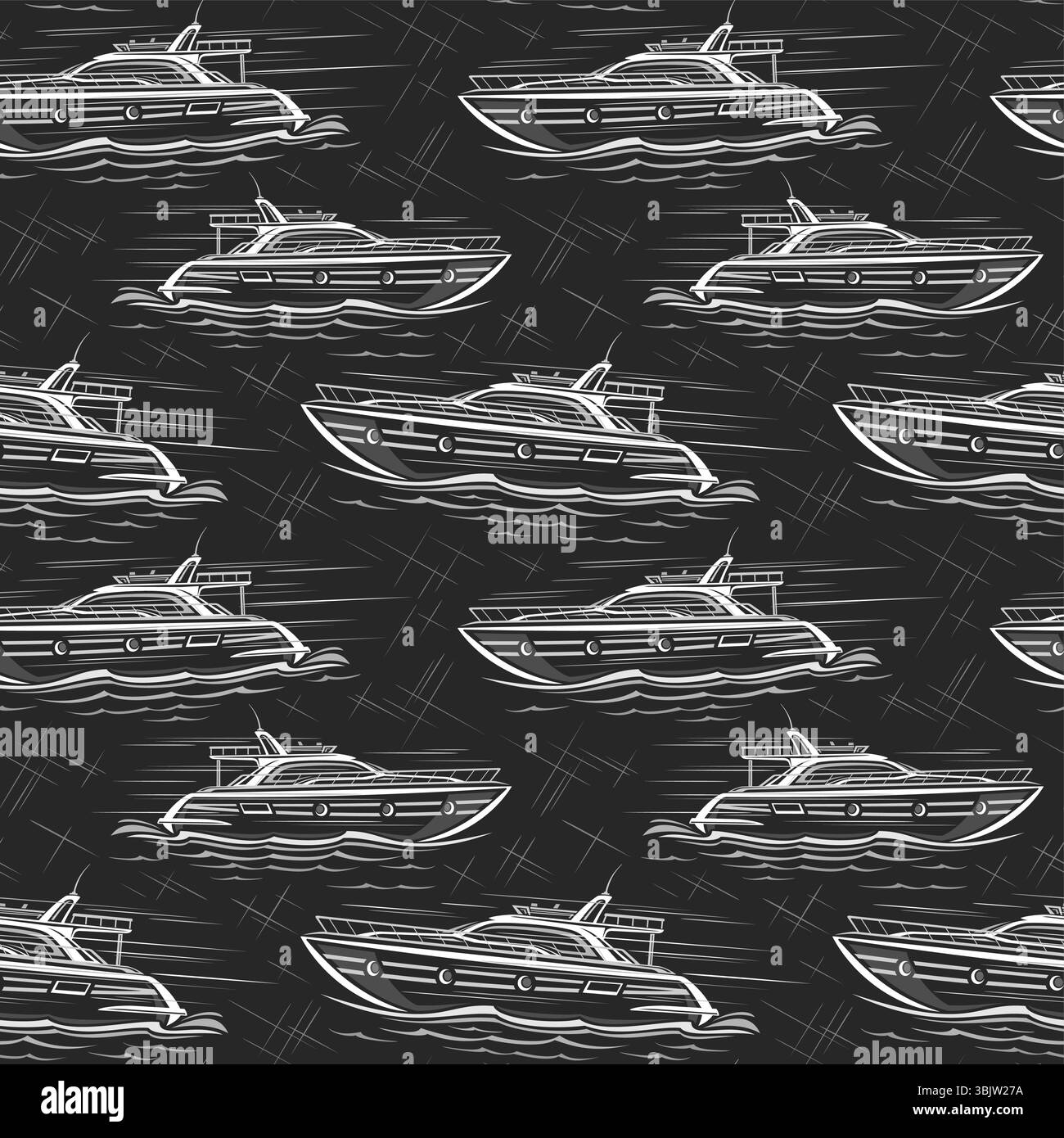 Vector Motor Boat motivo senza cuciture, sfondo nautico decorativo con illustrazione di barche a motore sportive in movimento per biancheria da letto, placca quadrata con spirito Illustrazione Vettoriale