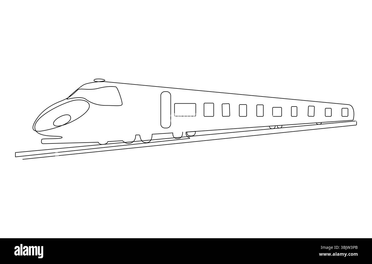 Moderno treno ad alta velocità in Continuous Line Art, treno ad alta velocità su binari, Illustrazione Vettoriale