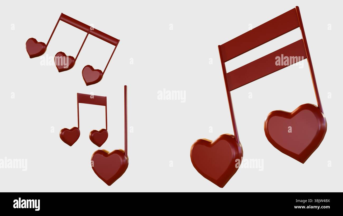 Un rendering 3d di una disposizione giocosa e romantica di note musicali rosse, ciascuna delle quali incorpora una forma di cuore. Una metafora visiva per "note d'amore" Foto Stock