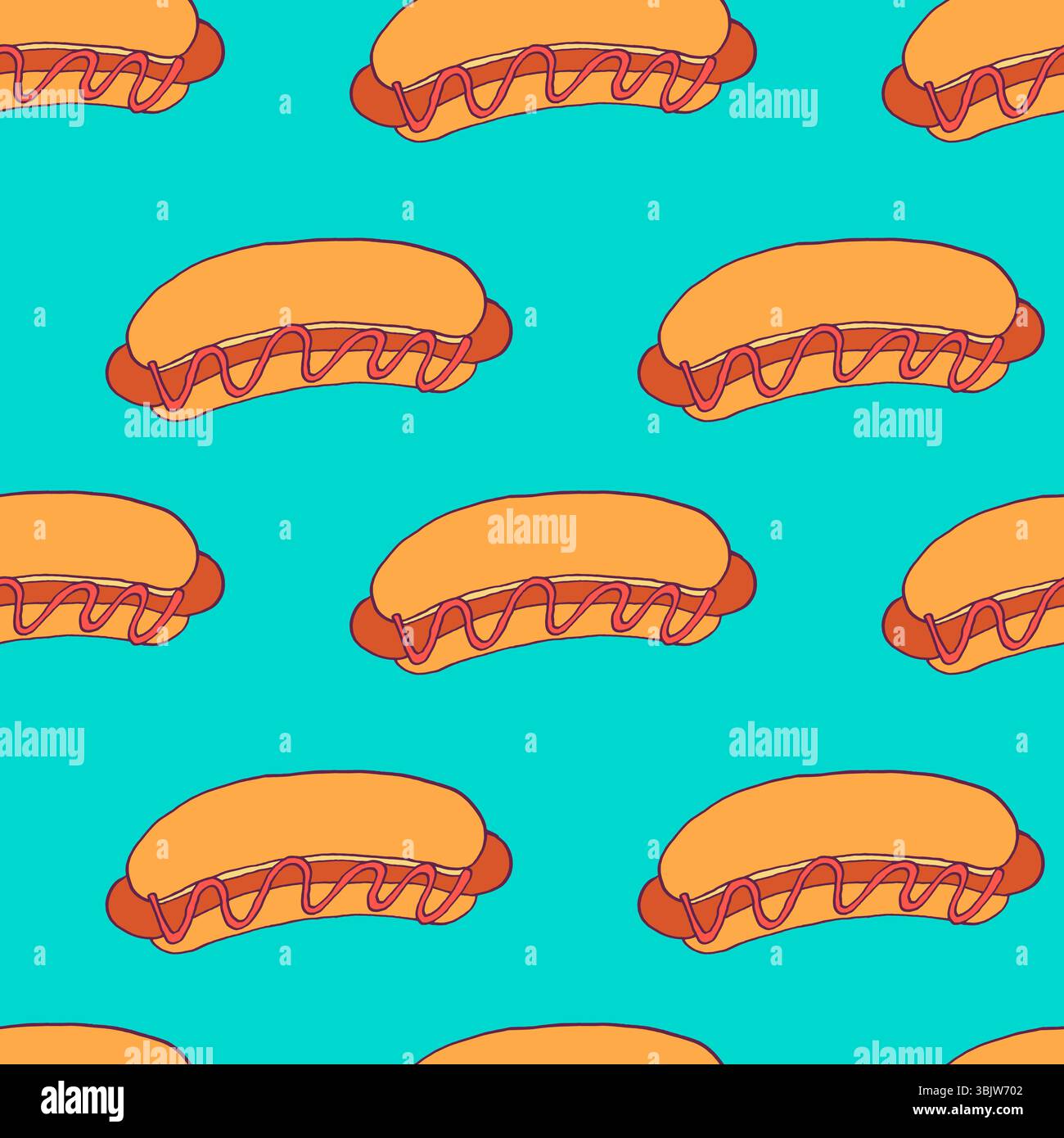 Schema hot dog senza cuciture. Sfondo vettoriale per fast food Illustrazione Vettoriale