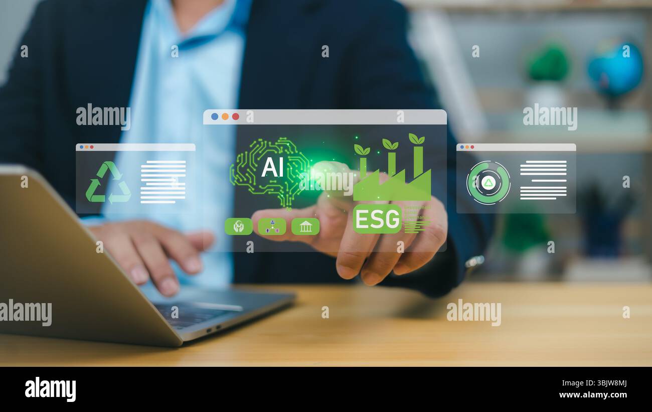 Il concetto aziendale di investimento per la governance sociale ambientale ESG, uomo d'affari che mostra un dashboard aziendale ecologico, simboleggia l'integrazione di Intel artificiale Foto Stock