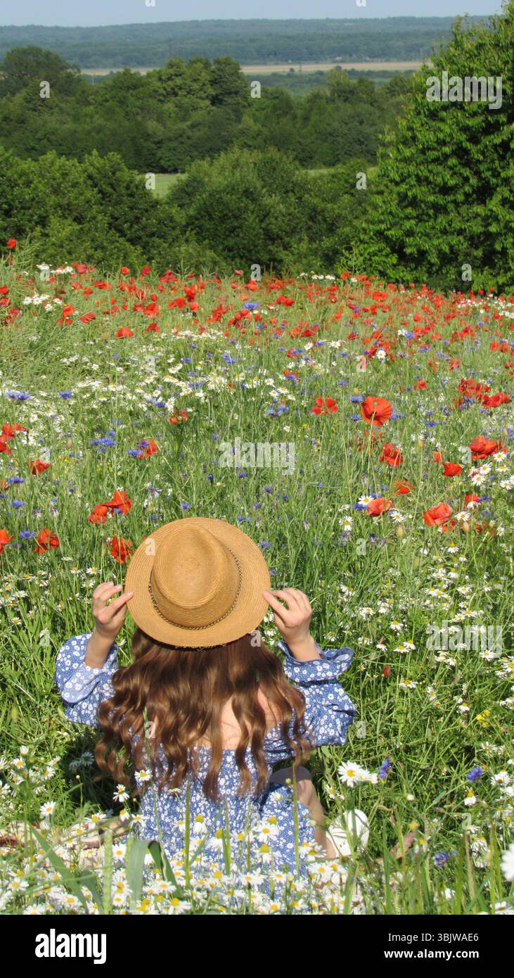 Una donna siede pacificamente in un colorato campo di fiori selvatici, regolando il suo cappello di paglia mentre è circondata da papaveri rossi in fiore e fiori blu. Foto Stock