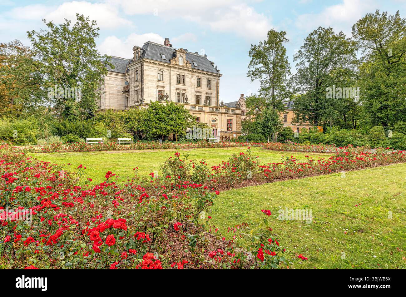 Parco presso l'ex Reichsbank (in seguito ufficio postale principale) Zwickau, Sassonia, Germania Foto Stock