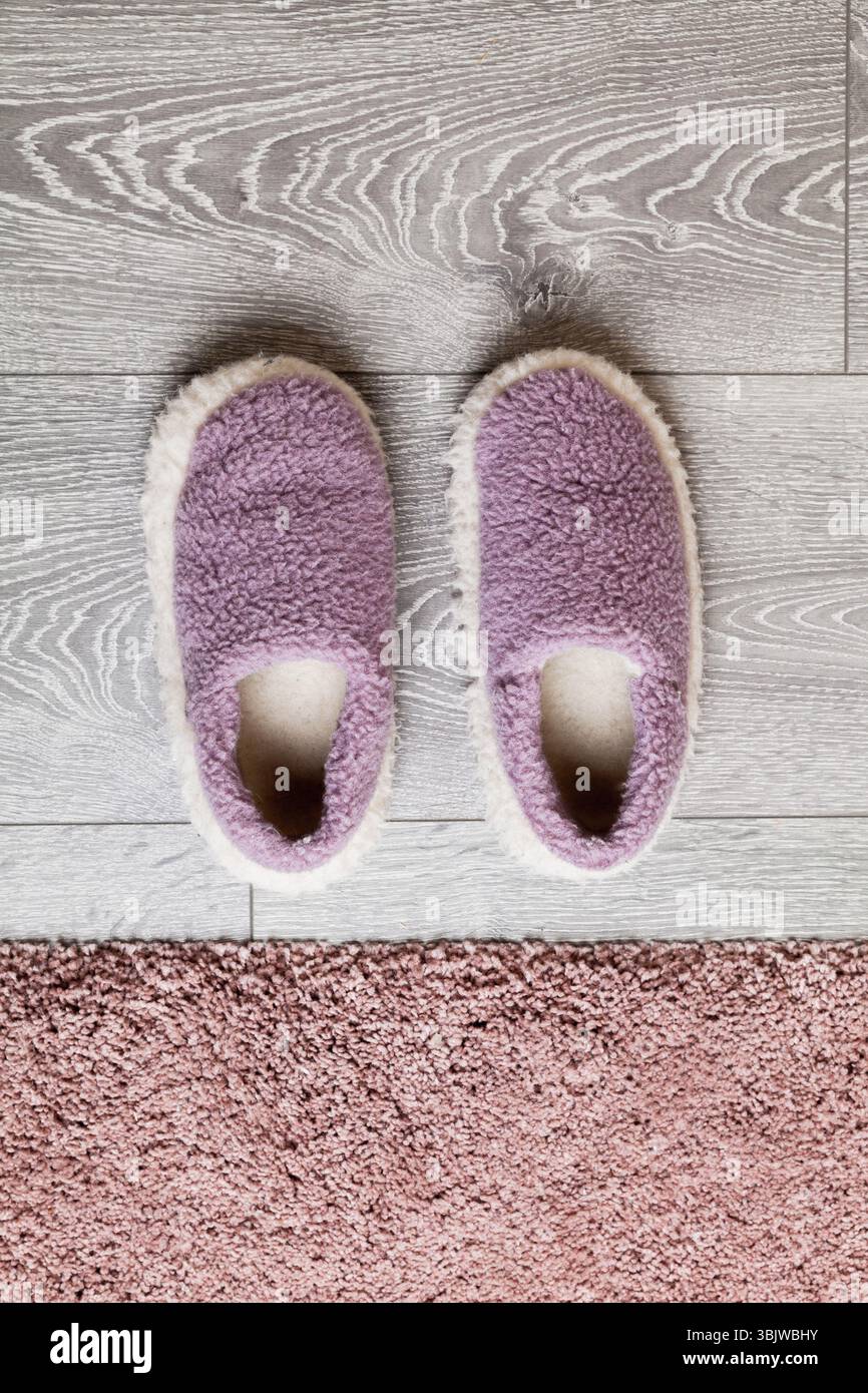 Coppia di pantofole viola che poggiano su pavimento in legno, completate da un morbido tappeto rosa, evocano un senso di comfort, calore e relax duraturo Foto Stock