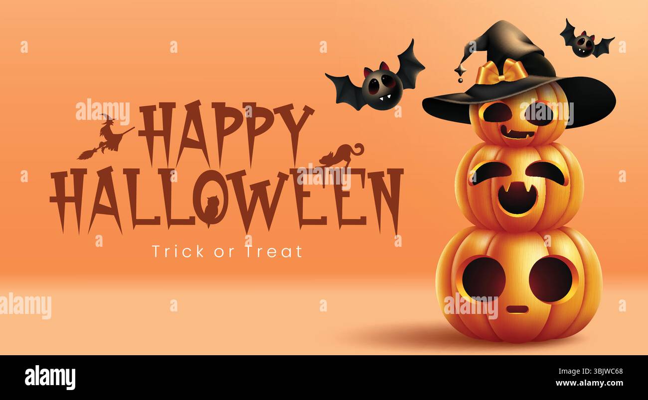 Banner clipart di buon Halloween. Halloween trick o Treat testo banner card template clip art con zucche simpatiche e spaventose che indossano un cappello da strega Illustrazione Vettoriale