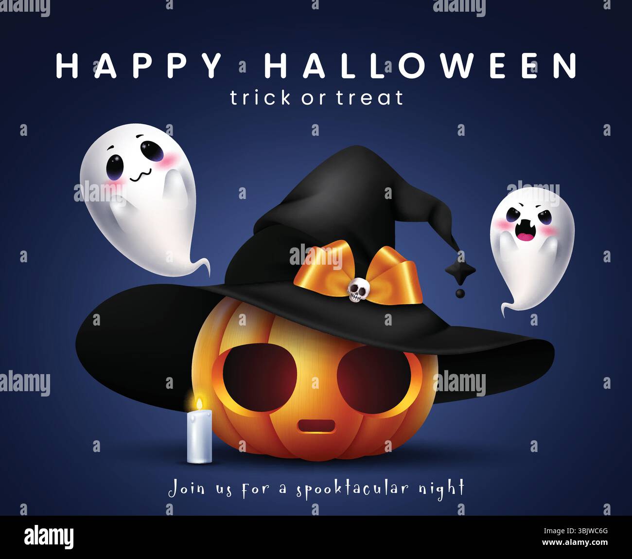 Disegno della clipart della carta d'invito per Halloween. Buon Halloween saluto clip art di testo con simpatica zucca che indossa cappello da strega e fantasma Illustrazione Vettoriale