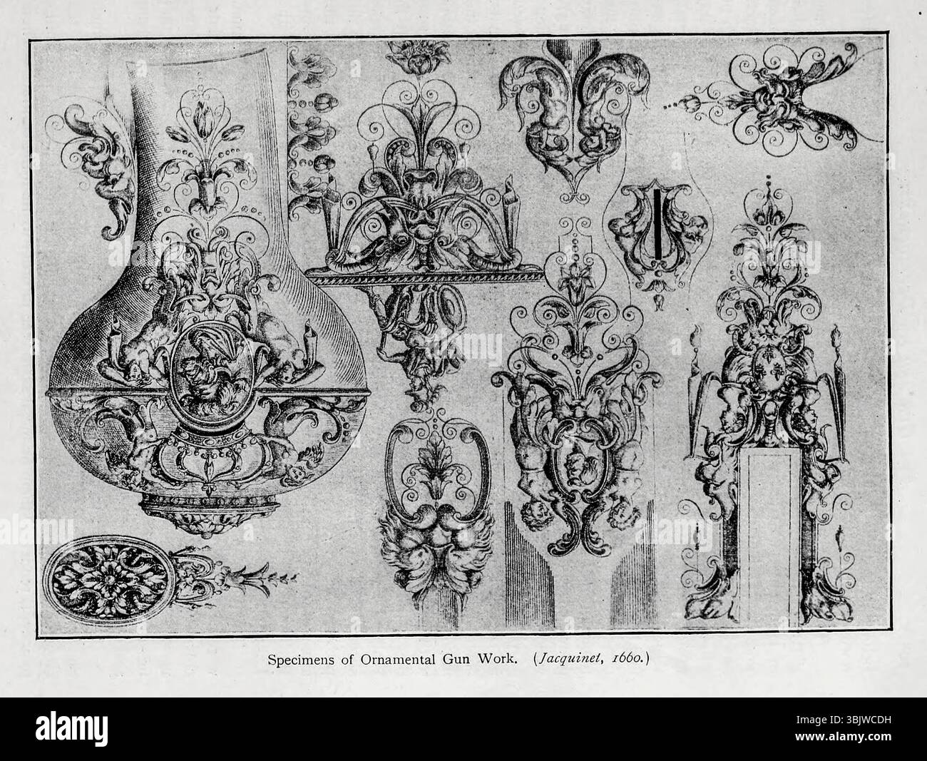 Esempi di opere ornamentali di armi da fuoco DEL CAPITOLO IX. FABBRICAZIONE DI ARMI DA FUOCO. LA STORIA DELL'INDUSTRIA DELLE ARMI DA FUOCO. Da ' The gun and its Development' di Greener, W. W. (William Wellington) data di pubblicazione 1897 Foto Stock
