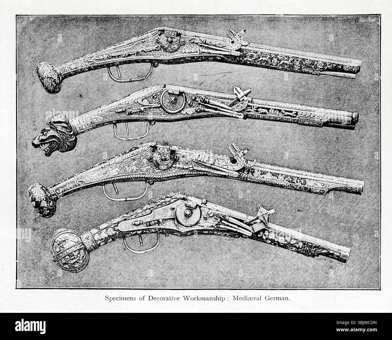 Esempi di lavorazione decorativa illustrazione medievale tedesca dal CAPITOLO IX. PRODUZIONE DI ARMI. LA STORIA DELL'INDUSTRIA DELLE ARMI DA FUOCO. Da ' The gun and its Development' di Greener, W. W. (William Wellington) data di pubblicazione 1897 Foto Stock