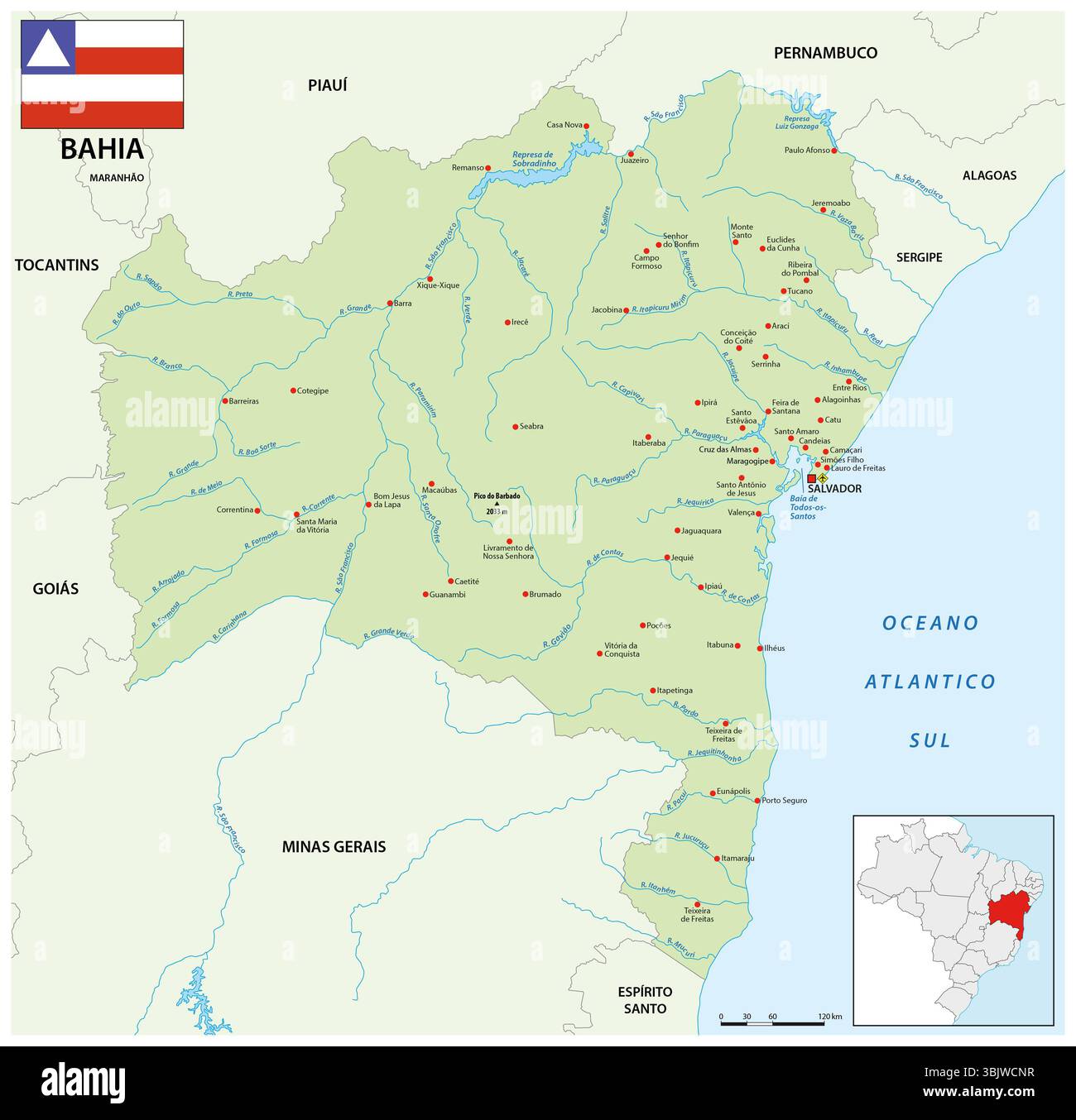 Mappa dello stato brasiliano di Bahia Foto Stock
