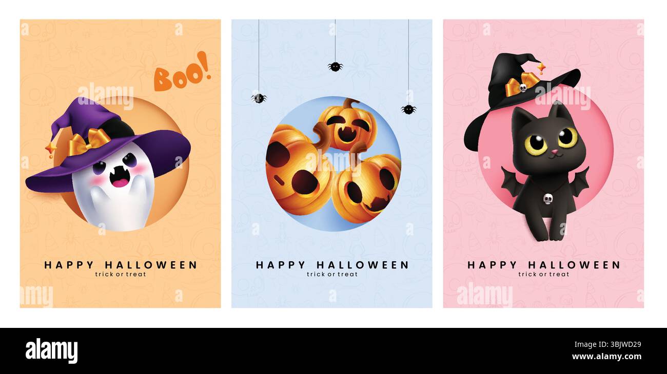 Set poster clipart di auguri di buon Halloween. Collezione di clip art modello di tessera d'invito di Halloween con personaggi come fantasmi, zucca Illustrazione Vettoriale
