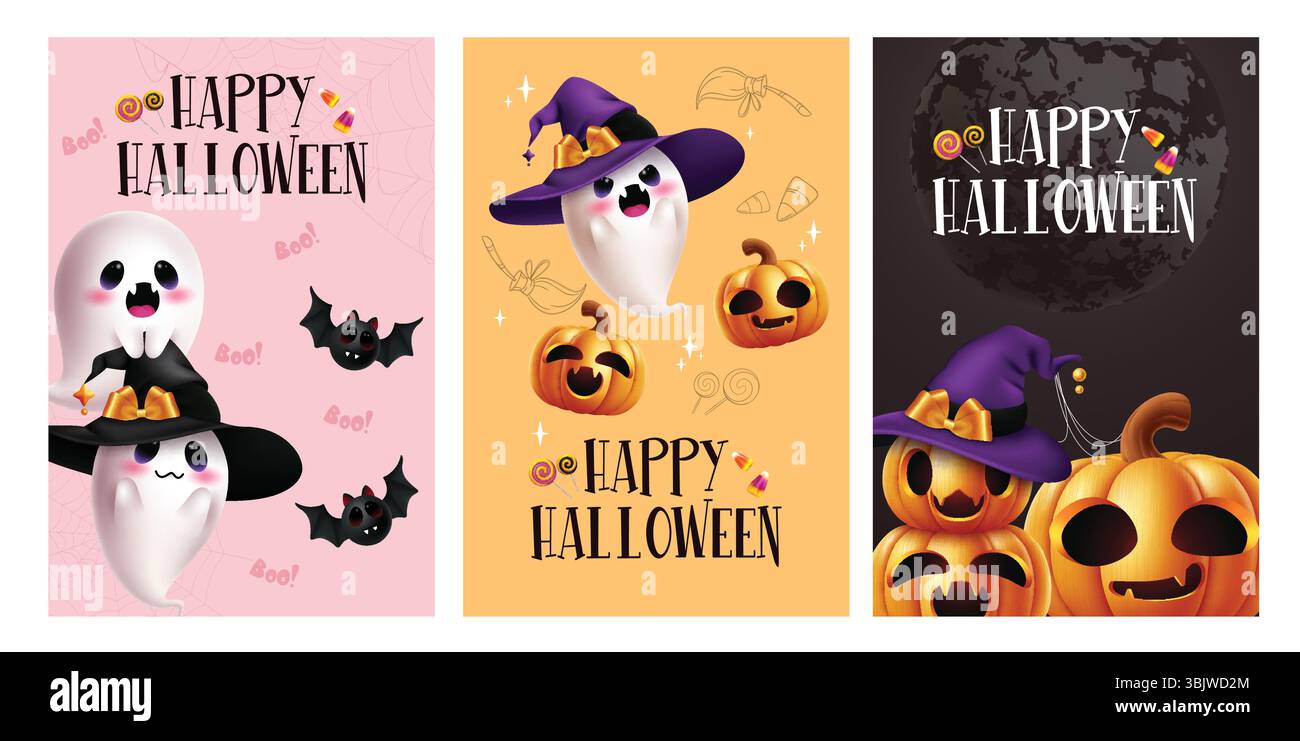 Set poster clipart di auguri di buon Halloween. Simpatici e divertenti personaggi fantasma, zucca che indossano un cappello da strega con una collezione di clip art di testo di saluto Illustrazione Vettoriale