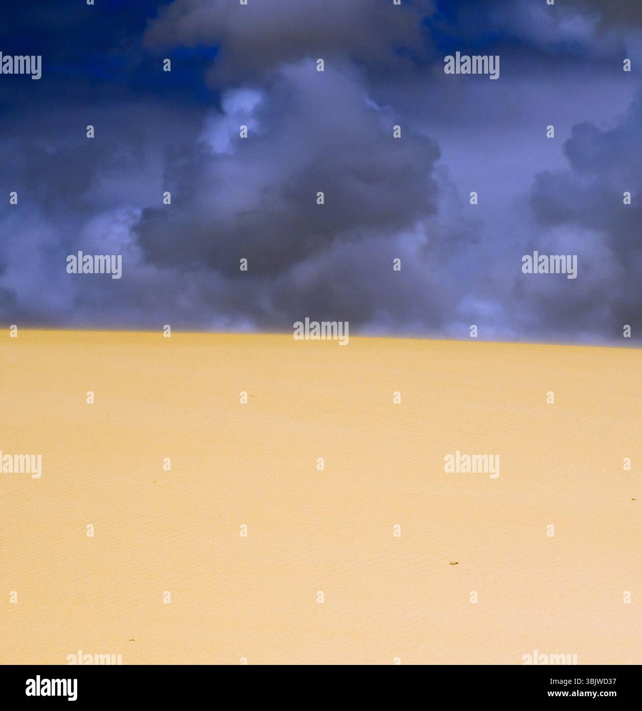 Dune di sabbia gialla calde nel deserto sullo sfondo di un cielo blu con nuvole, un pittoresco paesaggio minimalista con la natura in un plac desertico Foto Stock