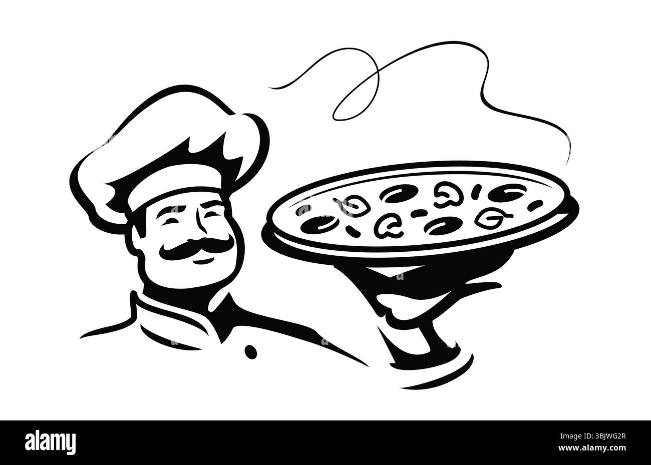 Chef con una grande pizza appena sfornata in mano. Il cuoco maschile prepara piatti italiani nel ristorante. Emblema per il menu della cena Illustrazione Vettoriale