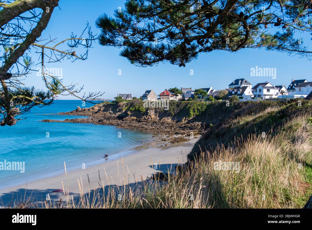 Lancieux (Bretagna, Francia nord-occidentale): Paesaggio costiero con case sul lungomare sopra la spiaggia di Buglais Foto Stock