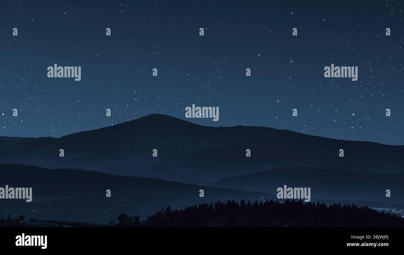 Un panorama del cielo notturno con stelle e luna Foto Stock