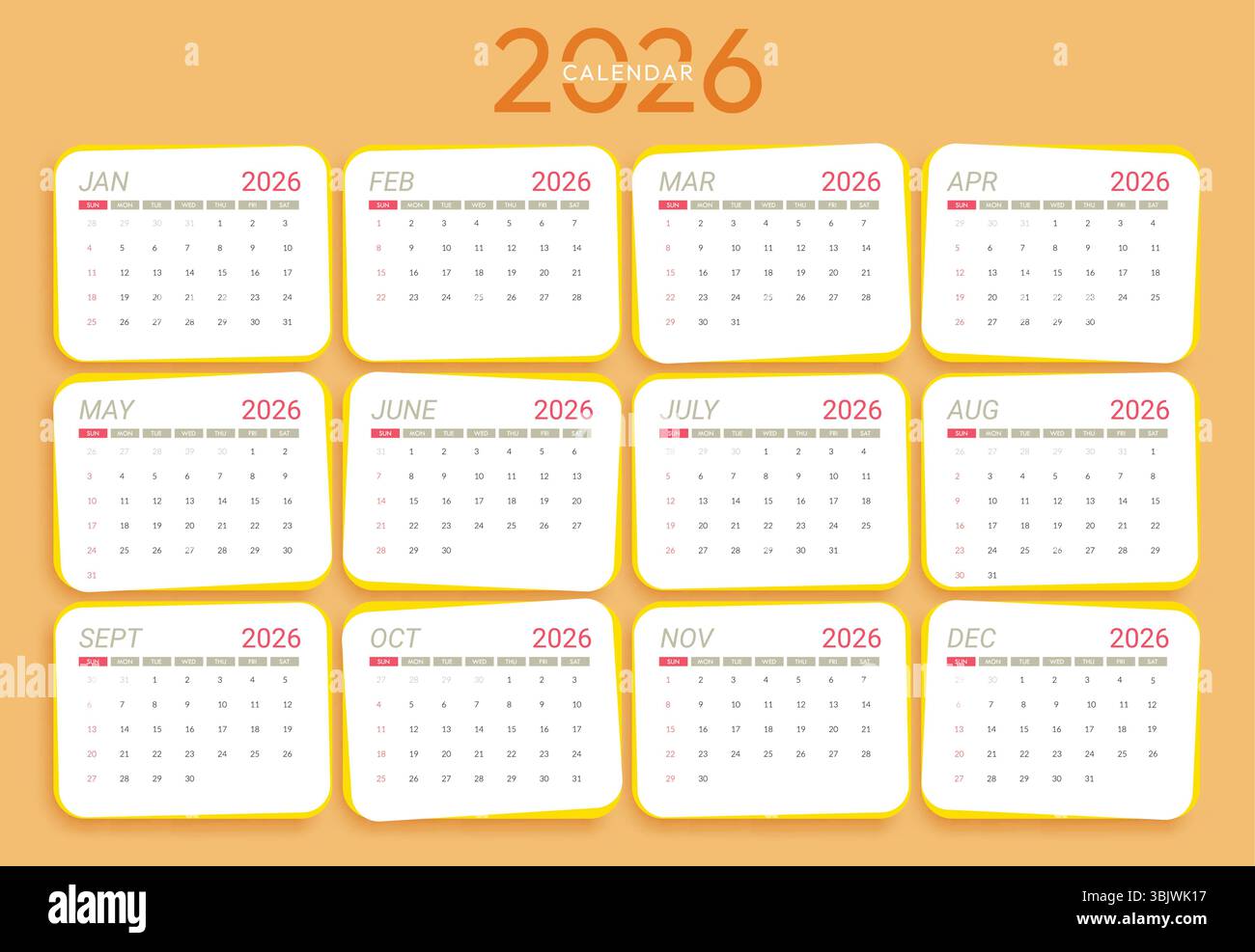Set clipart modello anno calendario 2026. Raccolta di 12 mesi, anno 2026 calendario, disposizione settimanale clip art per pianificazione, pianificazione, elenco attività Illustrazione Vettoriale