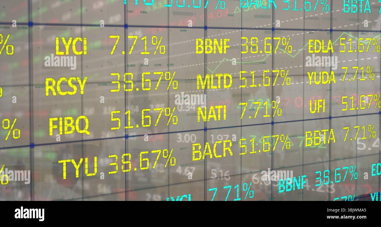 Visualizzazione del pannello di vetro sovrapposto alla griglia sul piano commerciale, con codici ticker e dati percentuali Foto Stock
