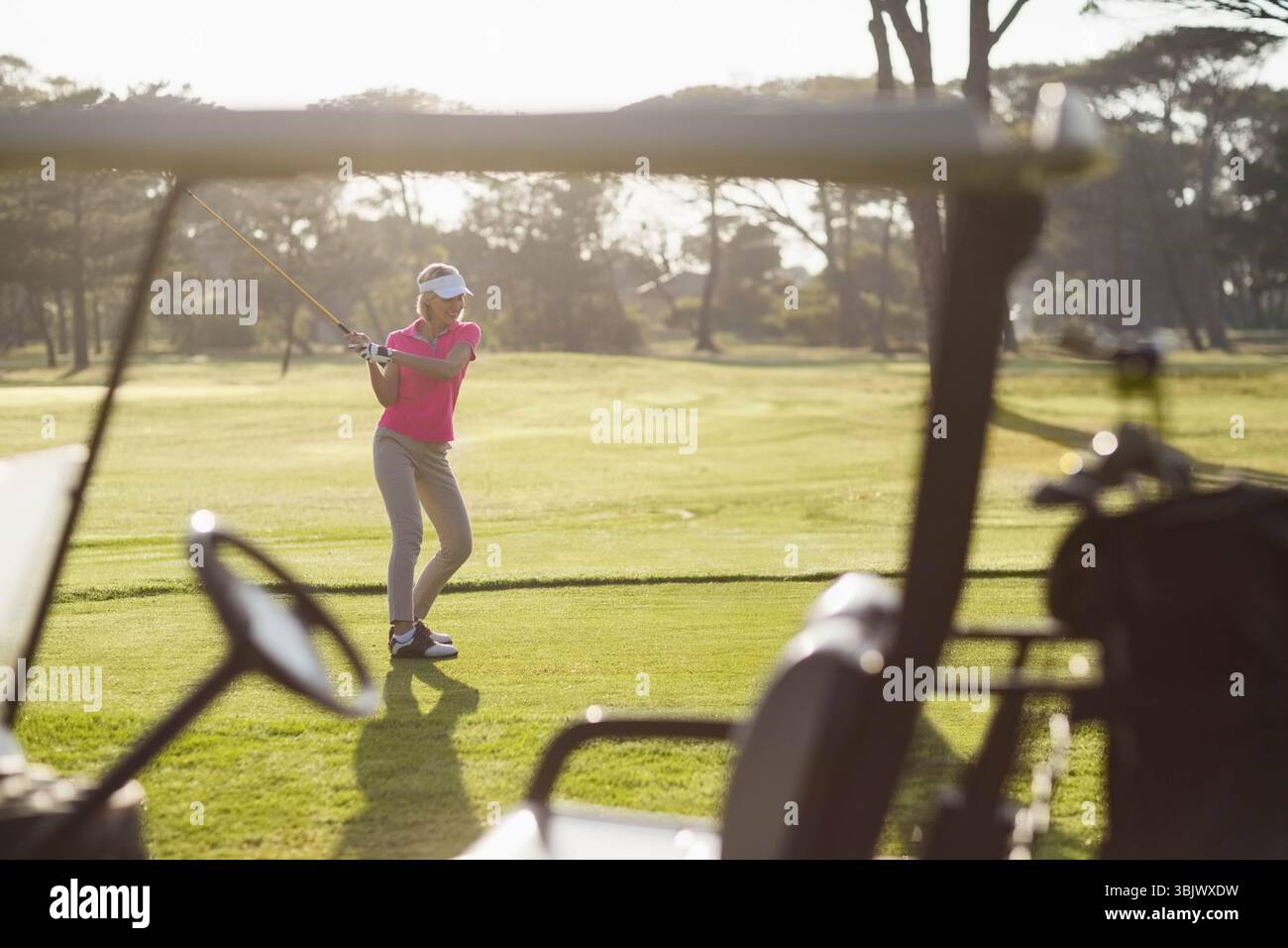 Golfista che fa oscillare il club sul fairway attraverso il telaio del golf cart sotto il cielo luminoso e soleggiato Foto Stock