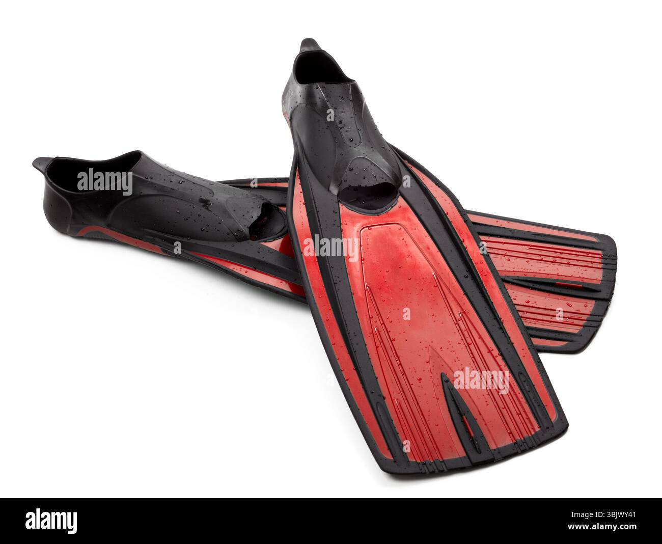 Due pinne per immersioni con gocce d'acqua Foto Stock