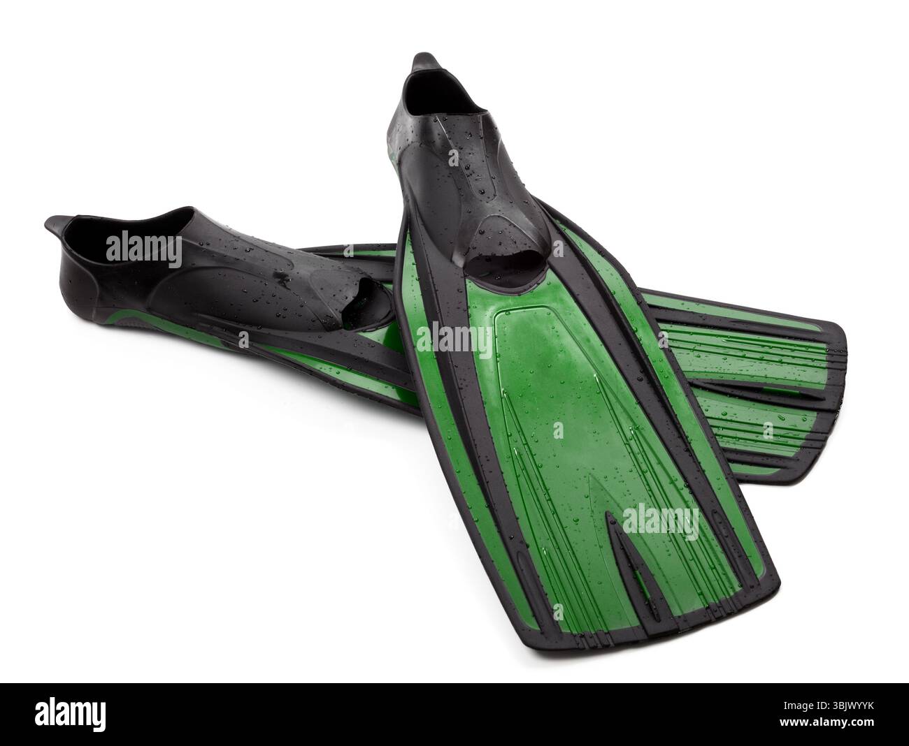 Due pinne per immersioni con gocce d'acqua Foto Stock