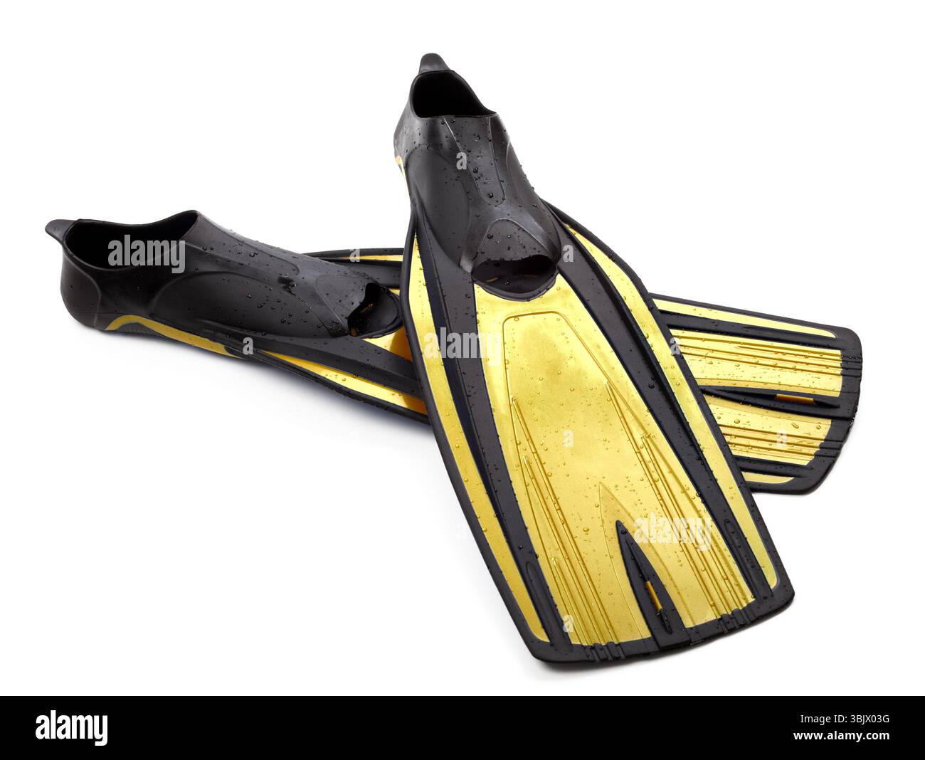 Due pinne per immersioni con gocce d'acqua Foto Stock