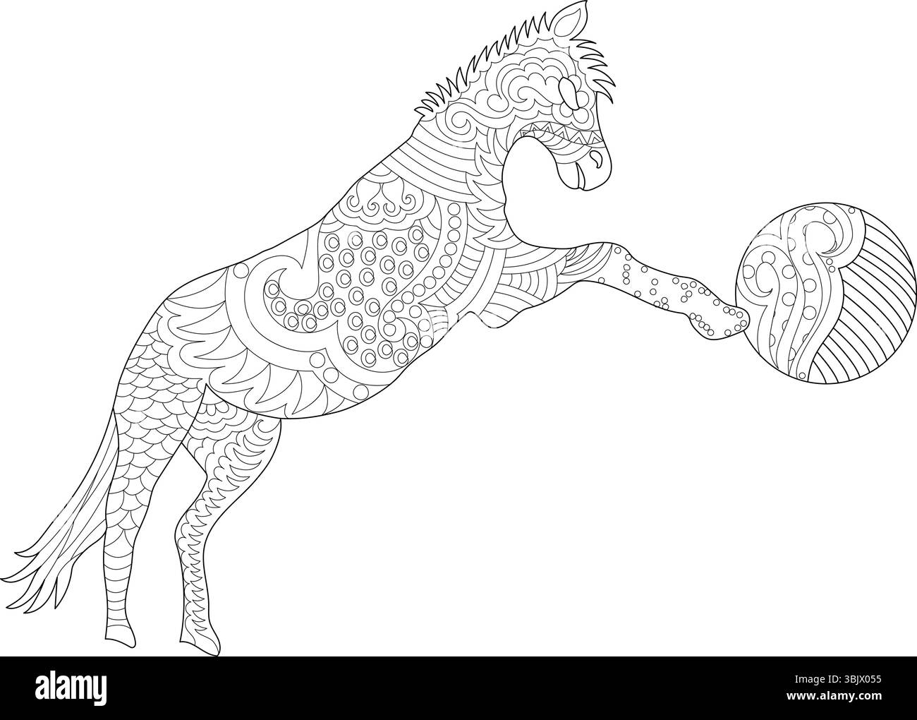 Intricata illustrazione in linea bianca e nera di un cavallo in piedi sulle zampe posteriori, che interagisce con una palla. Decorato con zentangle patte Illustrazione Vettoriale