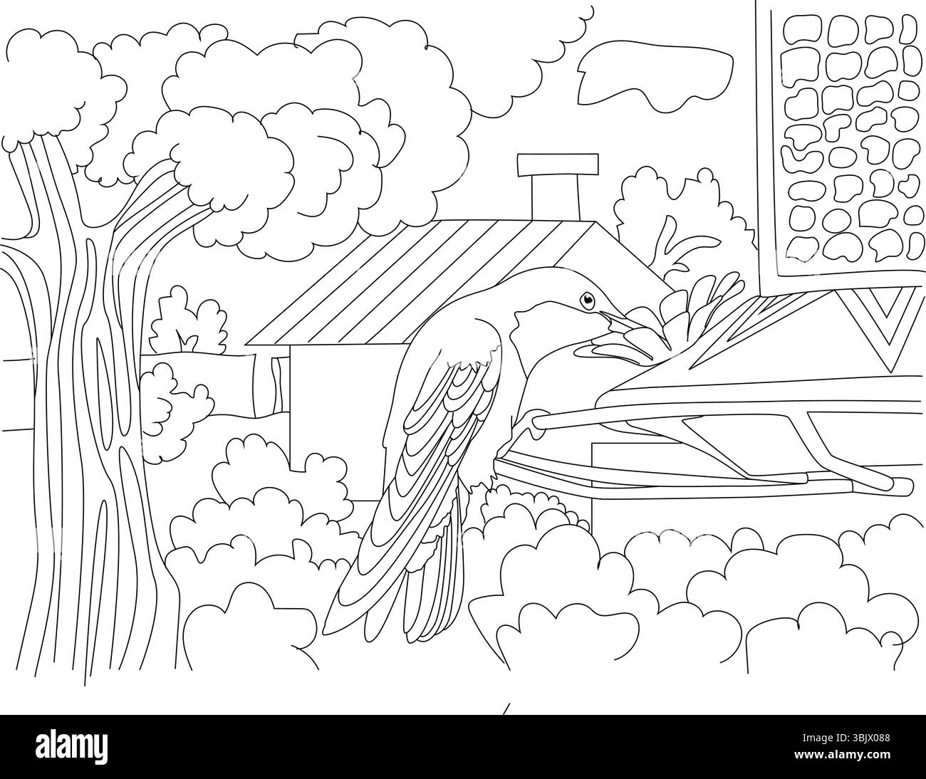 Semplice disegno in bianco e nero di un colibrì arroccato su un alimentatore di uccelli in un giardino con alberi, cespugli e una casa sullo sfondo. IO Illustrazione Vettoriale