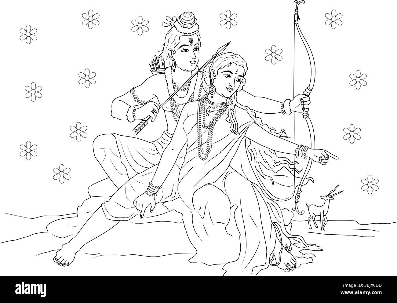Un'illustrazione in bianco e nero che raffigura una scena dell'epico Ramayana indù. Lord Rama tiene un arco e una freccia, preparandosi a cacciare, mentre il suo Illustrazione Vettoriale