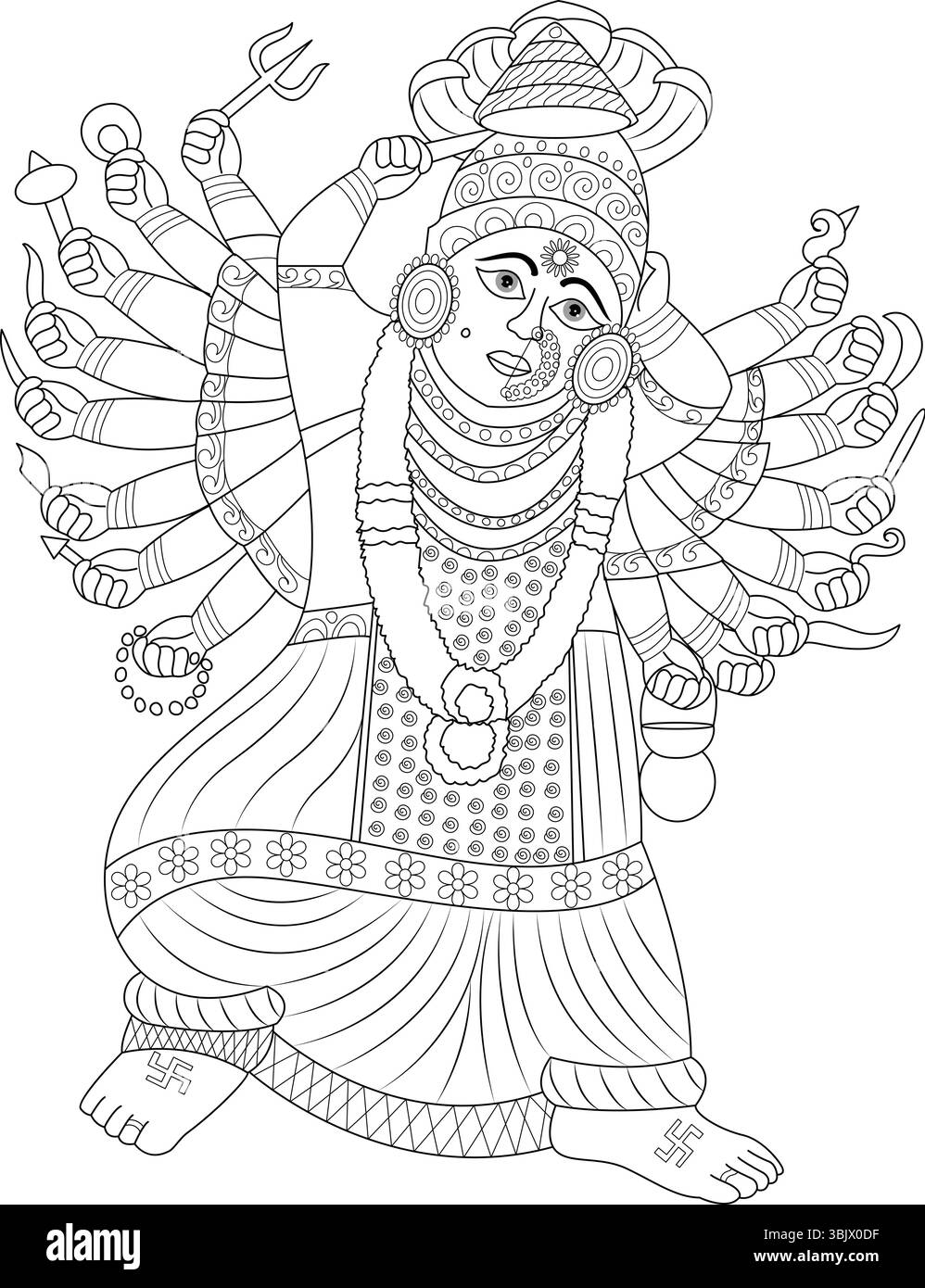 Dettagliata illustrazione in bianco e nero raffigurante Saptashrungi devi, una potente dea indù con più braccia che reggono varie armi e sii Illustrazione Vettoriale