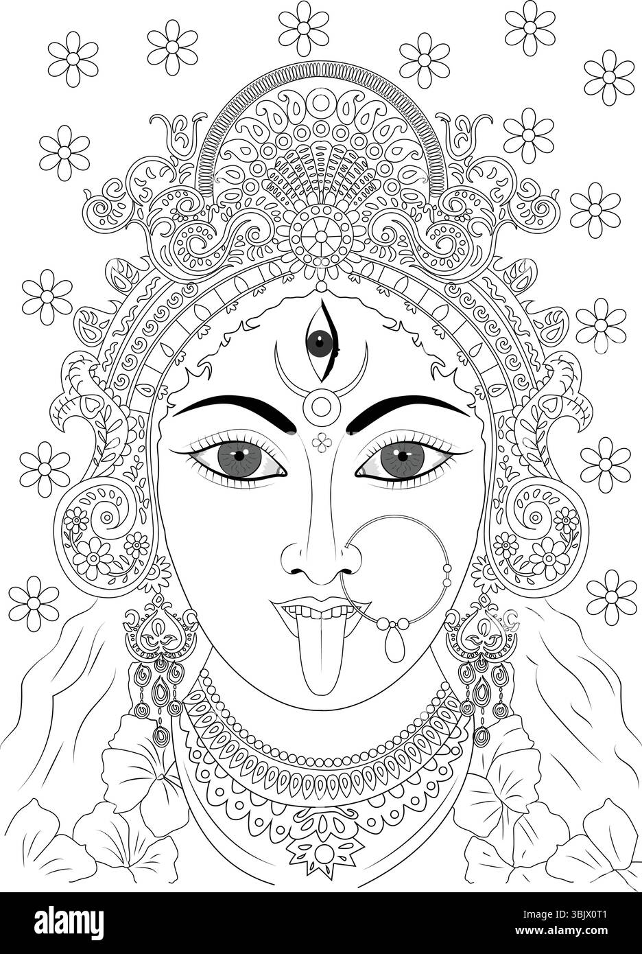 Illustrazione in bianco e nero della dea indù Kali Mata, perfetta per colorare pagine, temi spirituali o disegni della cultura indiana. Illustrazione Vettoriale