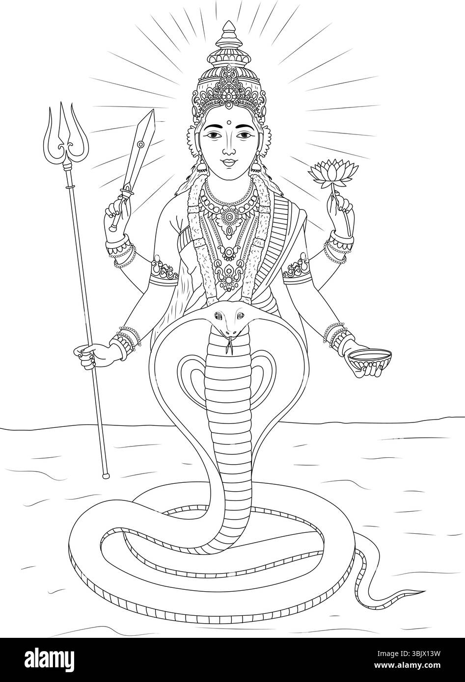 Illustrazione in linea bianca e nera raffigurante Nagneshwari ma, una dea indù spesso associata ai serpenti (naga). Viene mostrata in piedi su una bobina Illustrazione Vettoriale