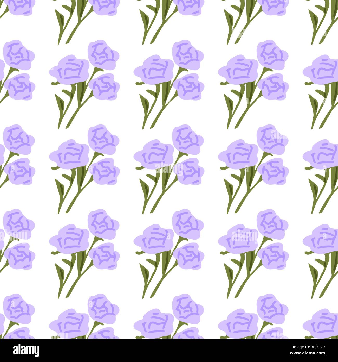 Motivo floreale senza cuciture con tre fiori lilla e steli verdi. Stile piatto, tavolozza di colori delicati, isolato su sfondo bianco. Illustrazione Vettoriale