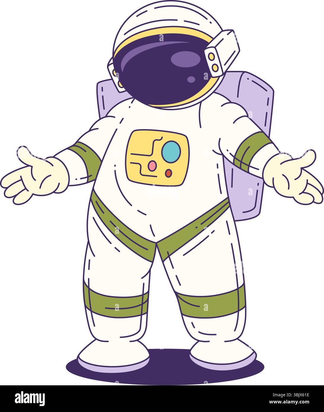 Mascotte astronauta cartoni animati in una tuta bianca con un jetpack in piedi con le braccia aperte, perfetta per disegni educativi e a tema scientifico. Mascotte vettoriale Ill Illustrazione Vettoriale
