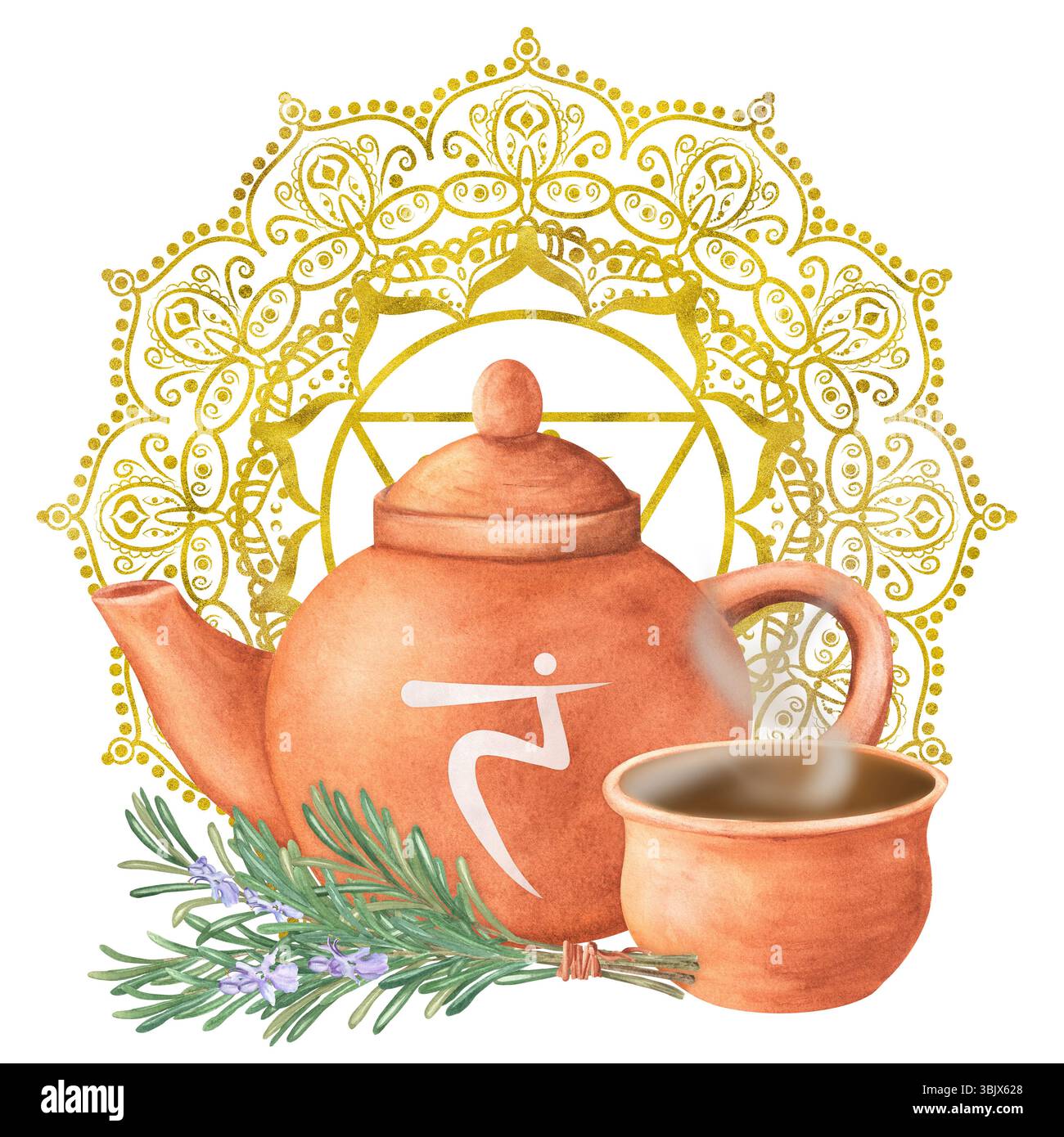 Teiera in terracotta ad acquerello con simbolo chakra del plesso solare e una pentola con infusione di erbe per l'equilibrio energetico. Mandala giallo dorato con Manipura ch Foto Stock