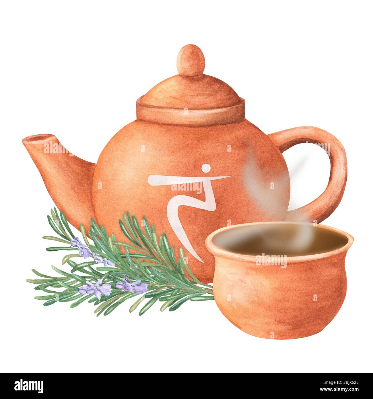 Teiera di argilla acquerello con simbolo chakra del plesso solare, pentola di terracotta con infusione di erbe calde e bouquet di rosmarino per un equilibrio energetico. Ayurveda, yog Foto Stock