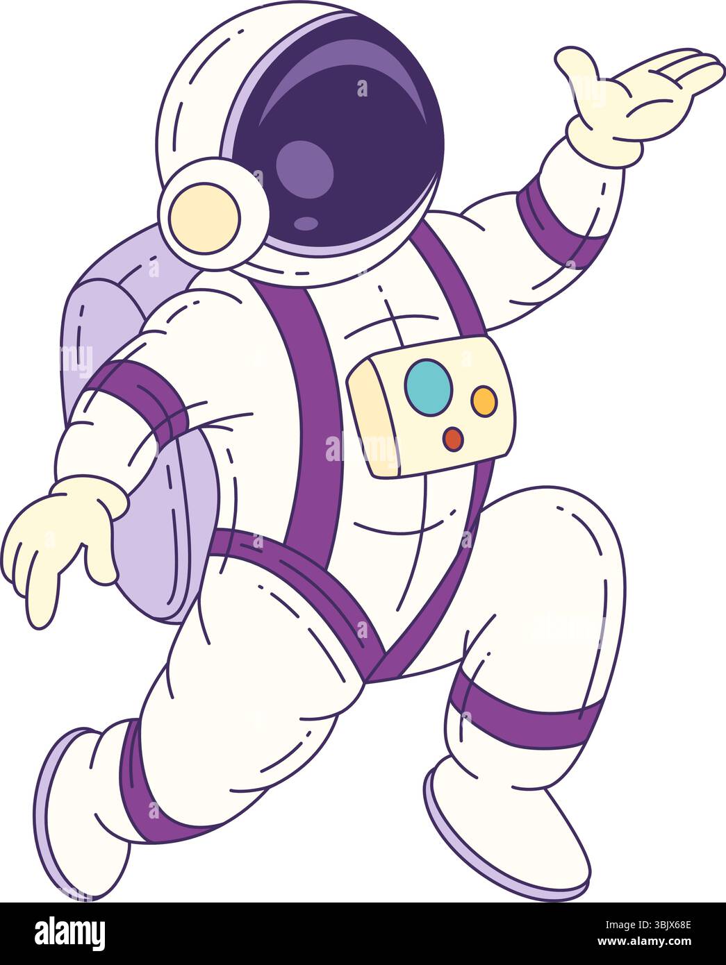 Astronauta mascotte in stile cartoni animati vestita con una dettagliata tuta spaziale, preparata per entusiasmanti esplorazioni e missioni cosmiche. Ideale per progetti creativi Illustrazione Vettoriale