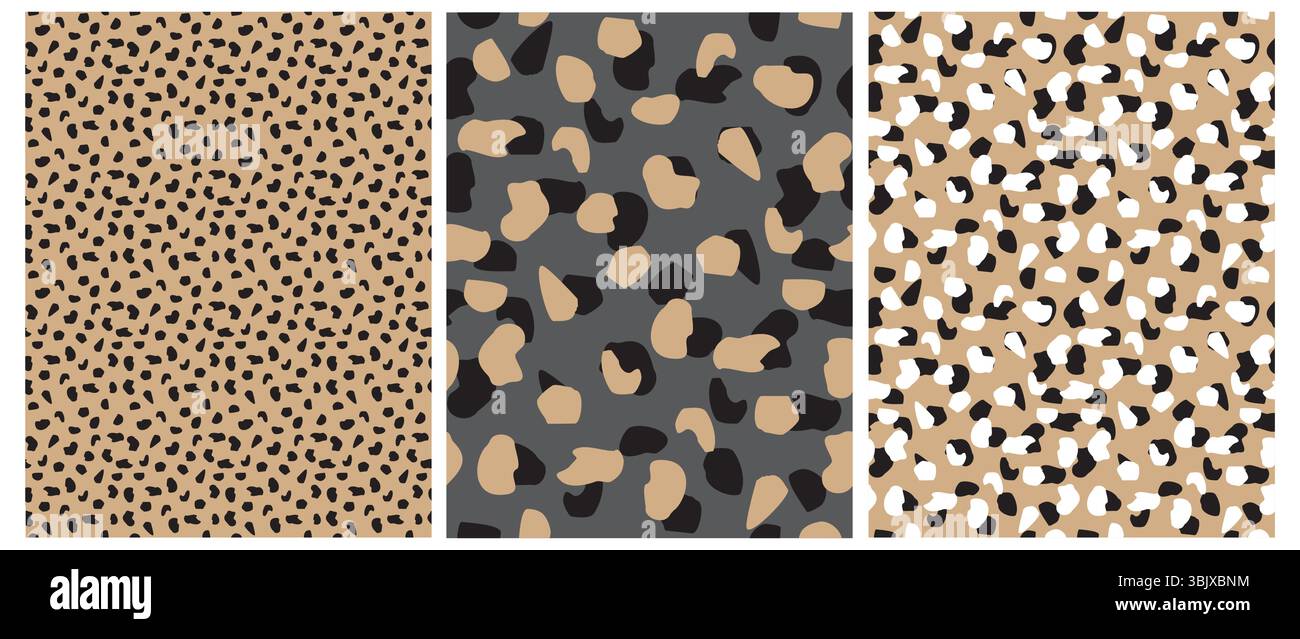 Motivi vettoriali senza cuciture in pelle di stampa leopardata astratta.macchie irregolari bianche, marroni e nere su sfondi grigi e oro. Stampa astratta della pelle di animali selvatici. Illustrazione Vettoriale